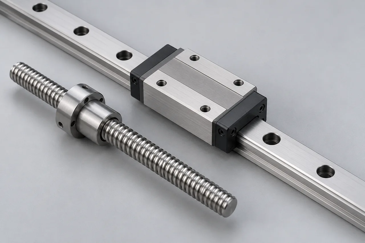 Illustration of a linear guide rail, sliding carriage and threaded lead screw